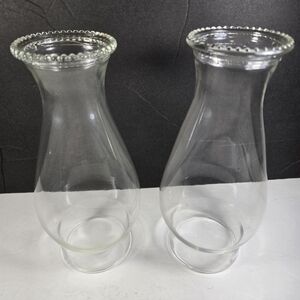 Vintage Glass Oil Hurricane Chimney Globe Set Of 2 Beaded Rim 8.5" Tall 3" Base